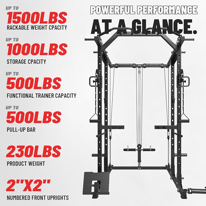 Mikolo Power Cage, Power Rack with Cable Crossover System, 1500LBS Squat Rack with LAT Pull Down System, Workout Cage with Pulley System for Fitness Home Gym