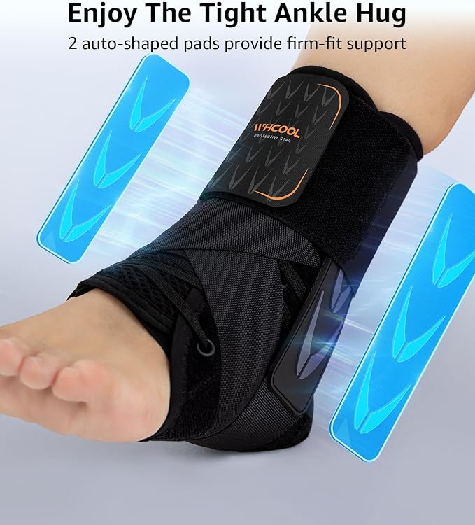 Slim-Fit Ankle Brace for Sprained Ankle, Quick Lace Up Ankle Support for Women Men with 2 Auto-Shaped Pads, Air Fabric Cool Ankle Stabilizer for Injury Recover, Running,Sports, L(13”-14”)