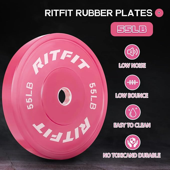 RITFIT Pink Olympic Bumper Plates with Steel Insert for Home Gym | High-Density Rubber with Low Bounce, 2-Inch Olympic Bore with Steel Insert, Pink Color for Strength Training