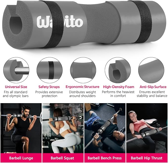 WALITO 8Pcs Barbell Pad Set for Hip Thrust - Squat Pad,Gym Accessories for Women with Bar Bad,Bench Press, with Gym Ankle Straps,Resistance Bands for Working Out,Lifting Strap,Carry Bag