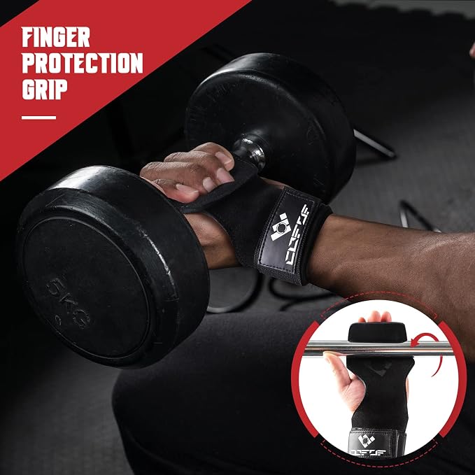 Weight Lifting Wrist Strap, Double-Layer Leather for Deadlift Powerlifting | Gym Strap with Adjustable Neoprene Padded Fit for 6.3–8 Inch Wrist, 8.07-Inch Leather Strap, Gym Workout Lifting Hook (Pair)