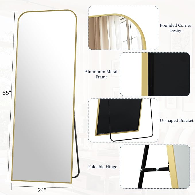 Full Length Mirror 65"x24" Arched Floor Standing Large Mirrors | Full Body Mirror with Stand - with Aluminum Frame for Bedroom Living Room, Gold