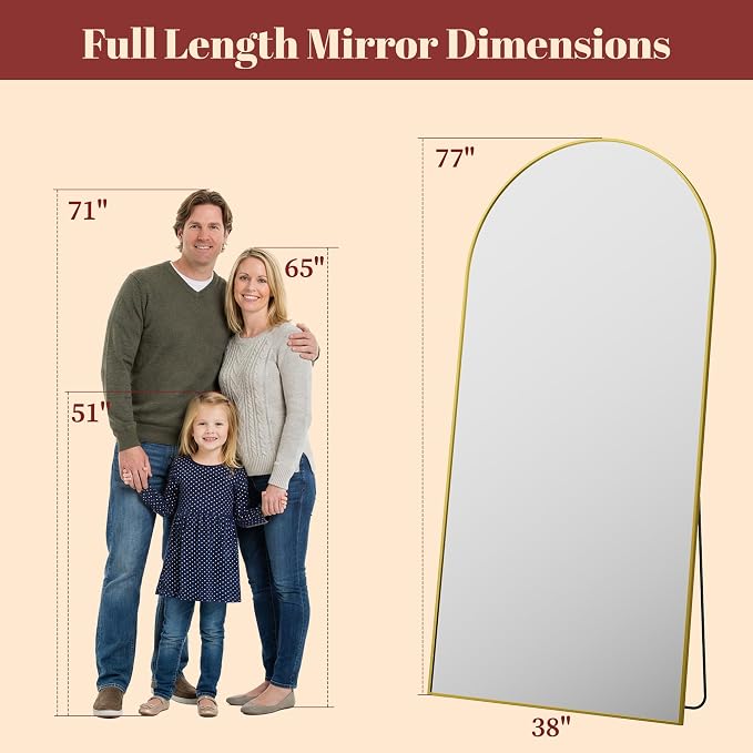 Suidia 78"x38" Arched Full Length Mirror with Stand, Full Body Mirror with Aluminum Frame, Freestanding/Leaning/Wall-Mounted, Floor Mirrors for Bedroom, Living Room, Entryway, Dressing Room, Gold