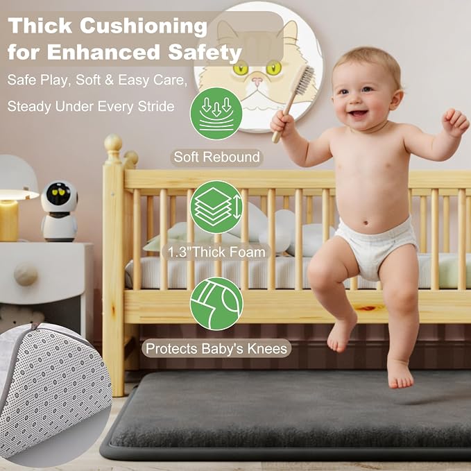 Baby Play Mat for Floor, 1.3" Thick Elasti-Foam Baby Play Mat, 71x59 Playpen Mat for Toddlers Infant Kids, Water Repellent Soft Coral Velvet Crawling Mat for Floor, Non-Slip Backing Safe Dark Grey