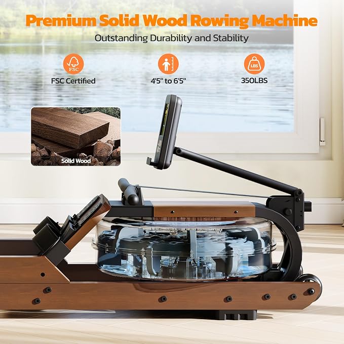 Dripex Rowing Machines for Home Foldable, Water Rowing Machine Max 400 LBS, Rower with Smooth Slide Rail, Comfortable Seat,Bluetooth App Supported,LCD Monitor, Wooden Row Machine for Home Gym Exercise