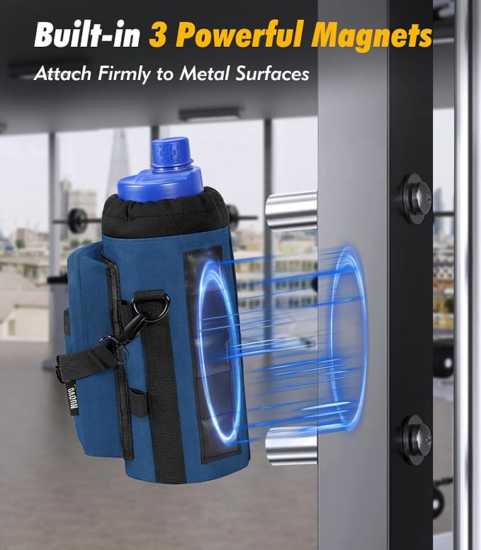 Nuovoware Magnetic Gym Bag, 40oz, Water Bottle Carrier Holder, Indigo | Adjustable Shoulder Strap, Magnets Magnetic Gym Bag, Bottle Pouch Sling, 2 Pocket, Neoprene Organizer Sleeve
