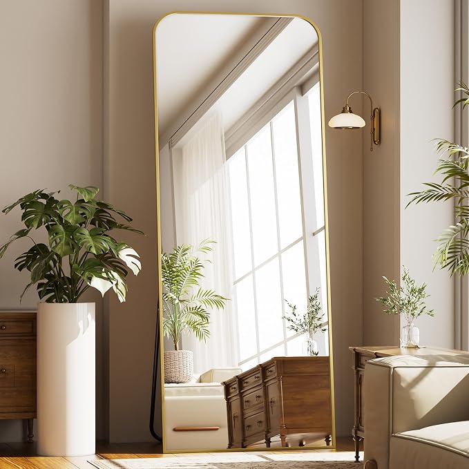 Full Length Mirror 71"x26" Arched Floor Standing Large Mirrors | Full Body Mirror with Stand - with Aluminum Frame for Bedroom Living Room, Gold