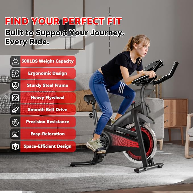 Exercise Bike with Bluetooth, Wool Felt Brake Pad Stationary Bike - 300lb Weight Capacity Quiet Belt Drive Indoor Cycling Bike for Home Cardio, Adjustable Handlebar & Extra Soft Seat, Digital LED Monitor