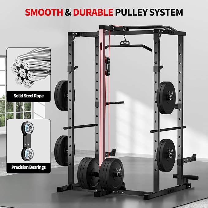 JEEKEE Power Rack with LAT Pulldown, 2000LBS Power Cage with Cable System, Multi-Function Squat Rack with J-Hooks, Safety Bars, Landmine, Pull Up Bar & Attachments for Home Gym Strength Training,Black