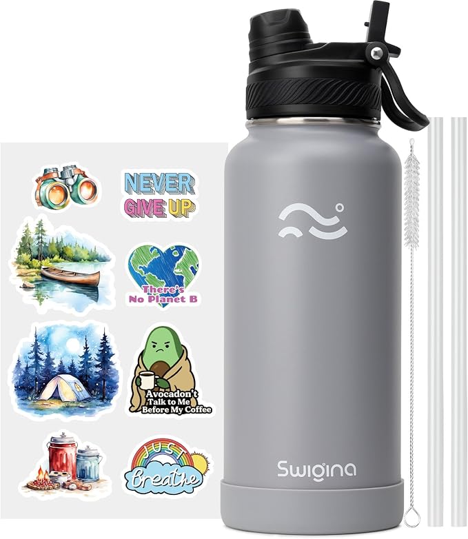 Swigina [2-IN-1 LID] Insulated Water Bottle with Silicone Boot (36hrs Cold/18hrs Hot) - DIY Stickers, Leakproof, BPA Free, 32 oz