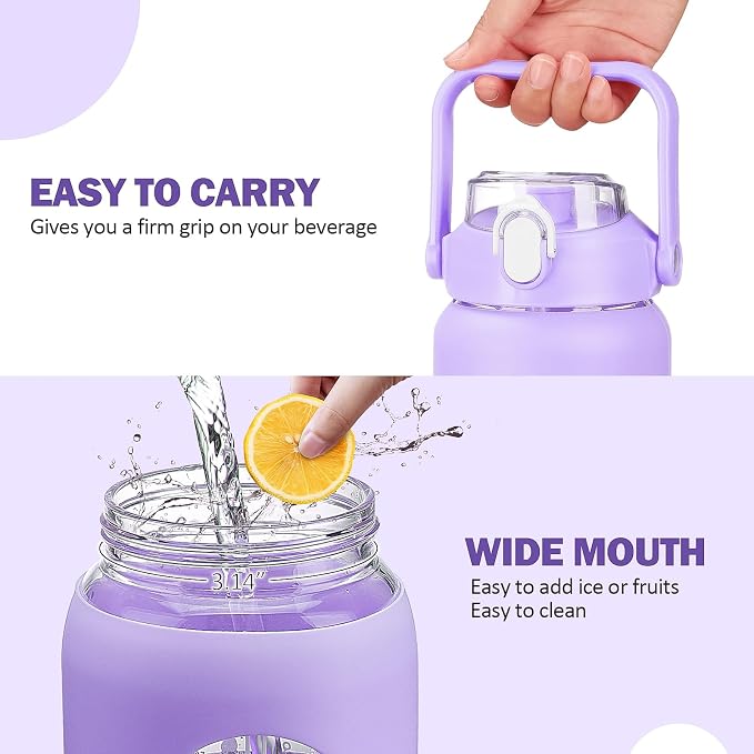 64oz Glass Water Bottles with Straw, Half Gallon Motivational Glass Bottle with Silicone Sleeve and Time Marker, 2L Leakproof Large Glass Water Jug for Gym Home Office, Purple