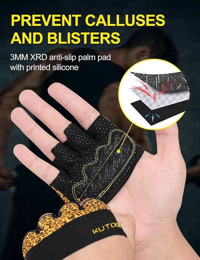 KUTOOK Weight Lifting Workout Gloves for Men/Women, 3mm XRD Padding Grip Gym Gloves, Breathable Partial Gloves for Calluses, Weightlifting Gloves for Exercise, Kettlebell, Pull-Ups, Cross Training