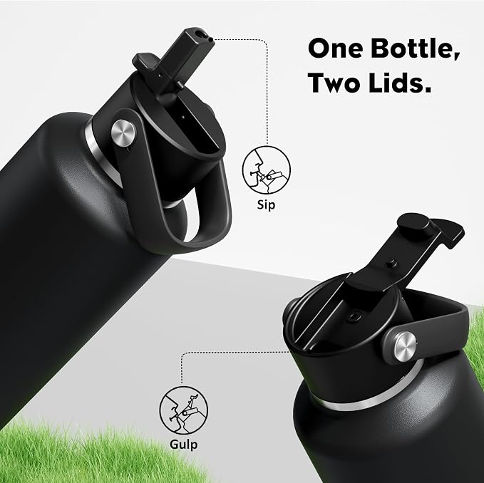 POWCAN 24 oz Slim Insulated Water Bottle with Straw: 2 Lids, Leakproof, Keep Cold 24H, Cupholder Friendly, Cleaning Brush, BPA-Free, Metal Water Bottle for Sport, Travel, School, Gym (Midnight)