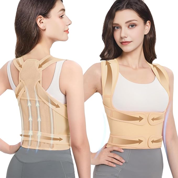 Back Brace Posture Corrector for Women & Men, Adjustable Shoulder Straightener with Full Back Support, Relief for Lower & Upper Back Pain, Hunchback & Scoliosis (Beige, Small)