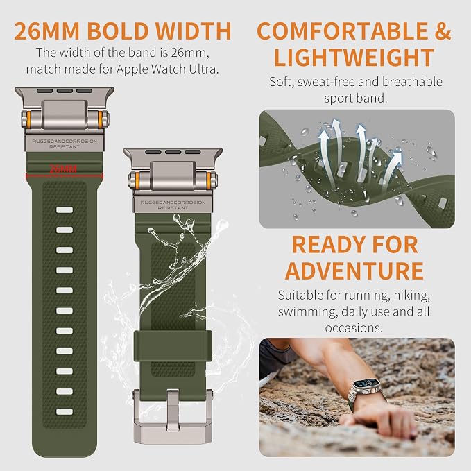 Band Compatible with Apple Watch Ultra 3/2/1 Band 49/46/45/44mm | Metal Connector with Silicone Rugged Strap for iWatch Ultra Series 11/10/9/8/7/6/SE3/SE2/SE/5/4/3/2/1, Army Green/Titanium