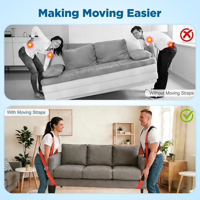NOCOEX Moving Straps for Lifting 2-Person: Shoulder Lifting & Moving System | Padded Back Support Shoulder Forearm Mode 2 Mover Carry Furniture Appliance Mattresses Heavy Duty 880lbs, 63-134in Adjustable