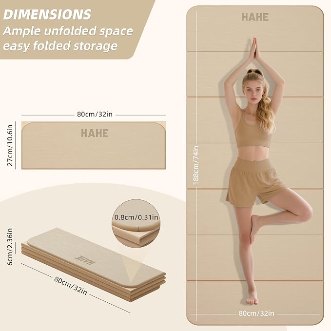 HAHE Foldable Yoga Mat 74"Lx32"Wx1/3"Thick, Folding Exercise Mats | Non-slip Wide Pilates Mats for Home Workout/Travel, Portable Yoga Mat Thick for Yoga/Pilates/Camping/Floor Exercises