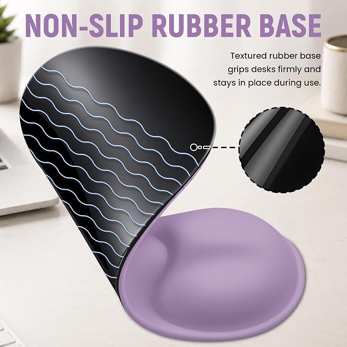 Ergonomic Mouse Pad with Wrist Rest, Gel Wrist Support, Purple | 10.2 x 7.6 in Mouse Pad with Smooth Fabric Surface and Non-Slip Rubber Base for Office, Home, Study, and Gaming