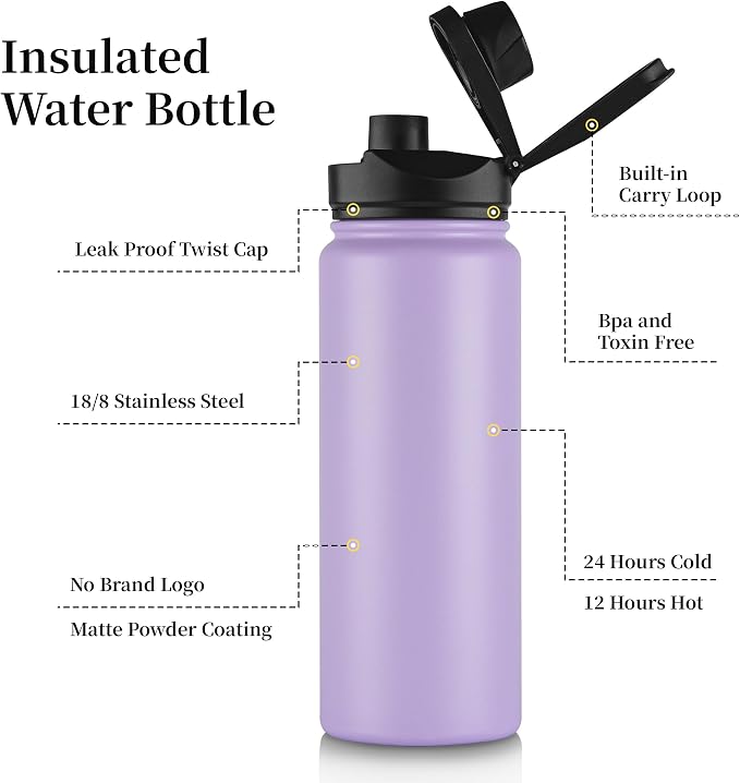 24 oz Insulated Water Bottle Bulk 8 Pack, Stainless Steel Sports Water Bottles with Straw Lid & Wide Mouth Lids, Double Walled Vacuum, Leak Proof, Purple