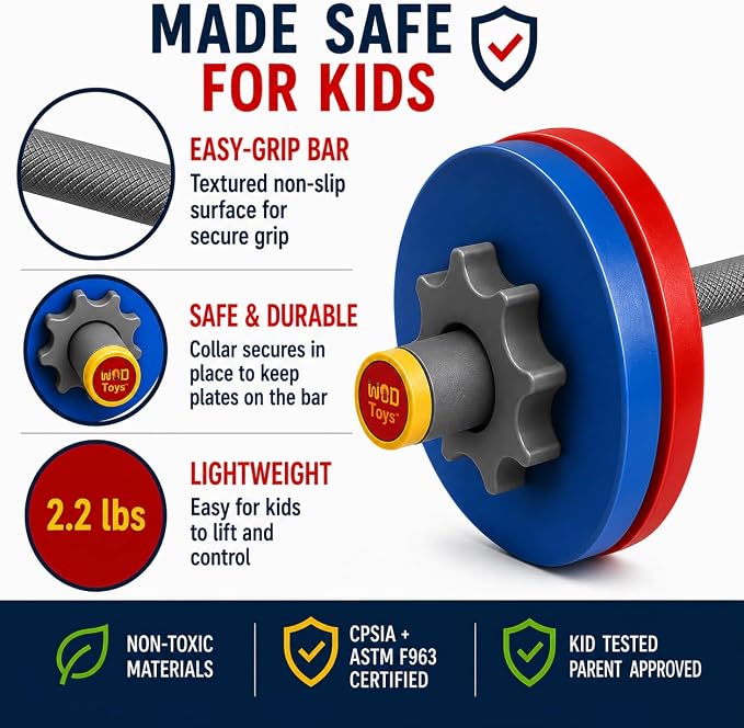 WOD Toys® Barbell Mini - Adjustable Kids Barbell Toy Weight Set for Kid Fitness, Weightlifting and Power lifting - Safe, Durable Kid's Gym Workout and Exercise Equipment for Toddlers and Children