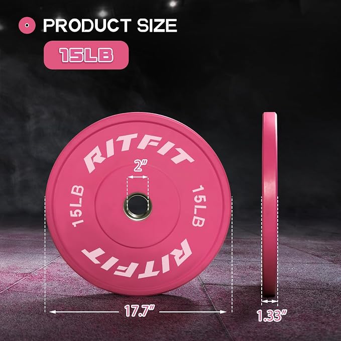 RITFIT Pink Olympic Bumper Plates with Steel Insert for Home Gym | High-Density Rubber with Low Bounce, 2-Inch Olympic Bore with Steel Insert, Pink Color for Strength Training