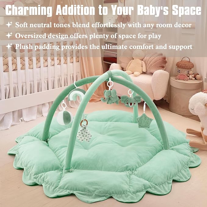 5-in-1 Plush Baby Play Gym, Activity Mat with Convertible Gym, Baby Gym 6 Sensory Toys, Play Center for Newborn to Toddler, Light Green