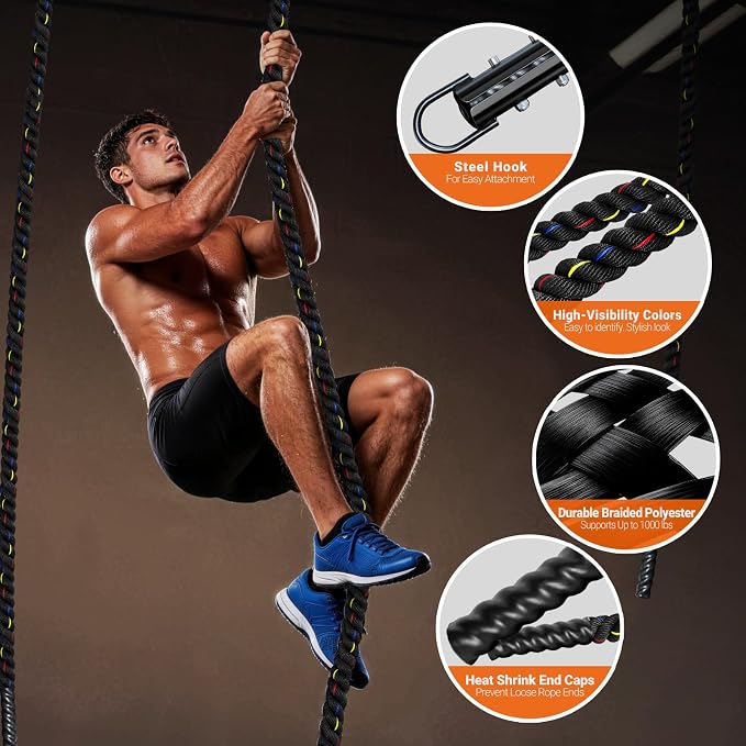 Climbing Rope Gym Workout - 1.5inch Diameter with 10FT 15FT 20FT 30FT 40FT Gym Climb Rope Heavy Duty Workout Exercise Ropes for Adults Indoor Outdoor Strength Training