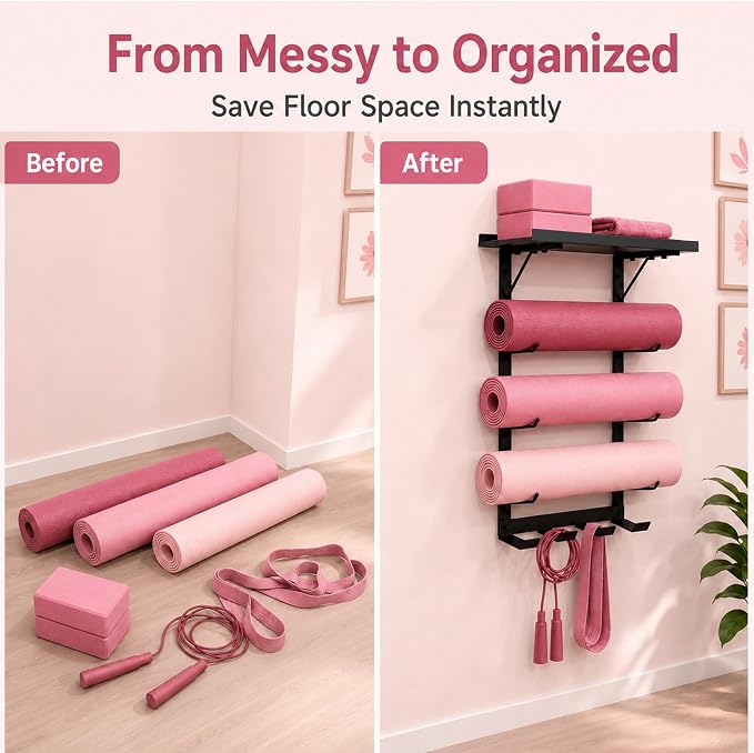Home Gym Yoga Mat Holder - 4-Tier Wall Rack with Top Shelf and 5 Hooks | Metal Storage Rack Organizes Mats, Foam Rollers, Yoga Blocks, Resistance Bands, Jump Ropes And Workout Accessories.