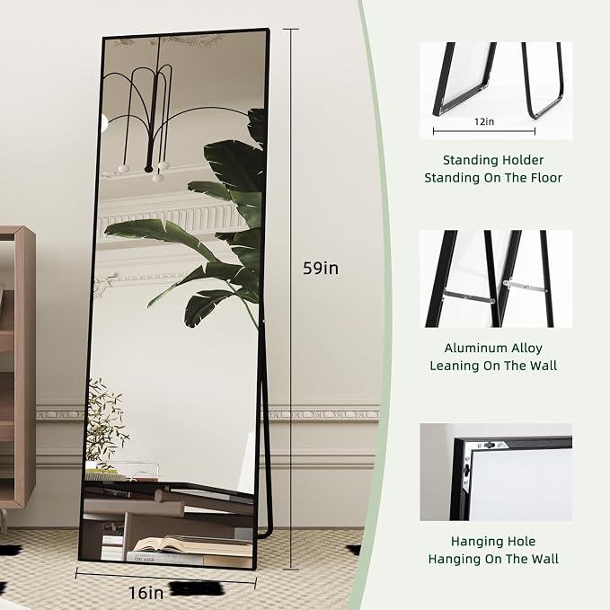 Beauty4U 59" x 16" Full Length Mirror with Stand, Black Floor Mirror | Standing, Leaning, or Wall-Mounted Tempered Glass Full Body Mirror with Metal Frame for Bedroom, Closet, Modern Home Decor