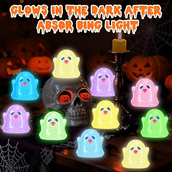 64Pcs Halloween Luminous Mini Ghosts Figures 8 Colours Glow in The Dark Miniature Resin Ghost Figurines to Hide Bulk Tiny Small Statue for Halloween Party Favors Micro Garden Dollhouse Decorations
