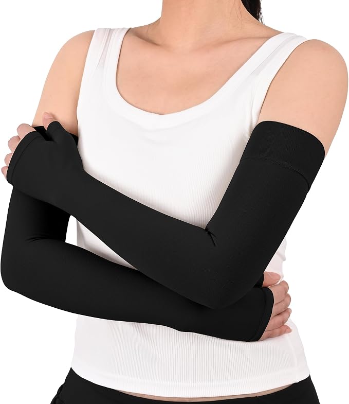 1 Pair Medical Full Compression Arm Sleeves with Palm Cover for Women Men | 20-30mmHg Graduated Compression,Arm And Elbow Supports,Silicone Anti-Slip Dots, Lymphedema,Arthritis,Bursitis, Post-Surgery