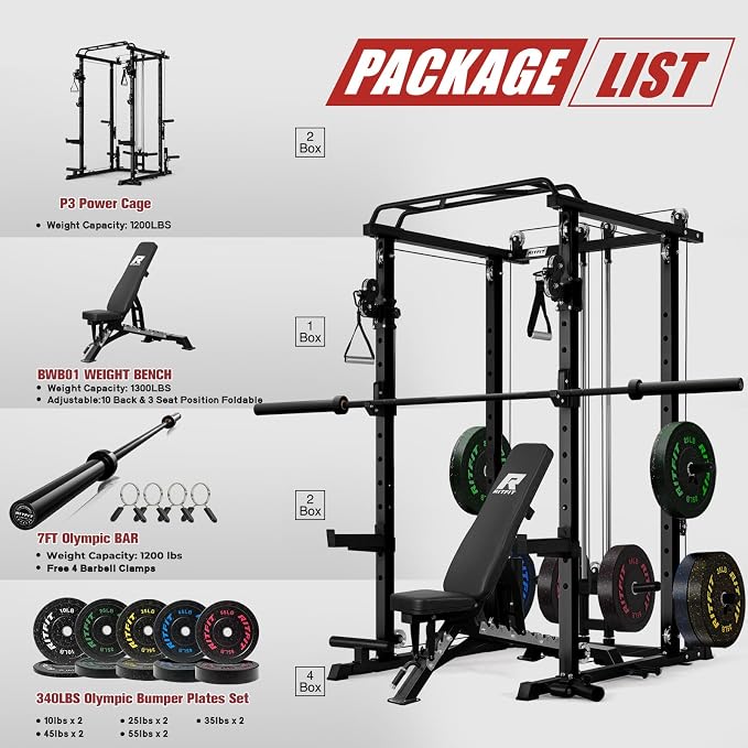 RitFit Power Cage Home Gym Package with Cable Crossover System | 1200LBS Power Rack, Weight Bench, Olympic Barbell & 230LBS Bumper Plates — All-in-One Home Gym