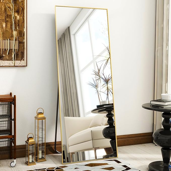 VooBang Mirror Full Length, 18" x 58" Floor Mirror with Stand | Aluminum Alloy Frame Full Body Mirror, Standing Hanging or Leaning Against Wall for Bedroom and Living Room, Gold