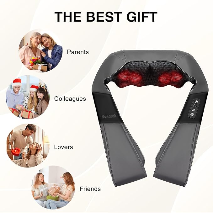 Nekteck Shiatsu Neck Massager with Heat for Pain Relief, Gray, NOT Cordless | 2026 Upgraded 3D Back Shoulder Kneading Massage Pillow, 3 Intensity Speeds Deep Tissue, Relaxation Gifts for Men Women