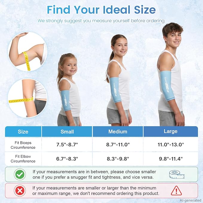 ComfiTECH Youth Elbow Ice Pack Wrap, Tennis Cold Sleeve, Medium, 2 Packs | Custom fit for teen elbows delivers 360° cold relief, with 2 sleeves enabling alternate freezing for lasting soothing
