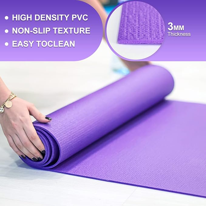Funtery 3 mm Thin Yoga Mats Bulk, 68 x 24 Inches Lightweight PVC Exercise Mats Non Slip Workout Fitness Pads for Yoga Pilates Stretching Classes Gym Home Studio