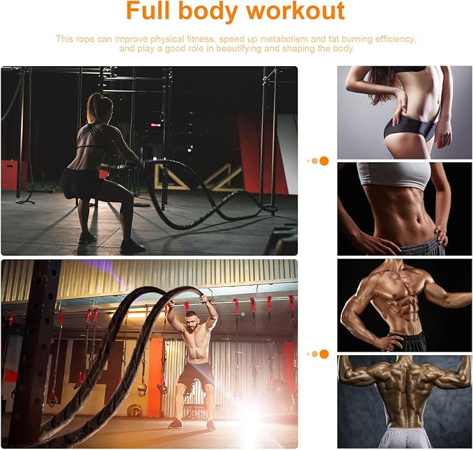 Battle Ropes for Home Gym Exercise: 1.26 Inch Diameter 30FT Length Workout Rope Exercise Rope Training Ropes with Protective Sleeve for Kids Men Women Exercise Fitness & Strength Training