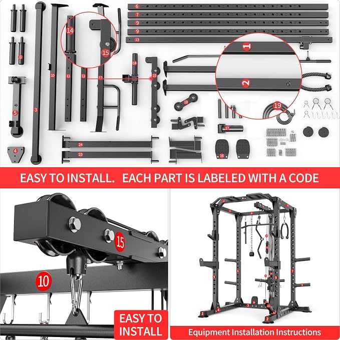 Power Rack Power Cage Multi-Function Squat Rack with Cable Crossover System Selectable More Training Attachment Power Rack for Garage & Home Gym