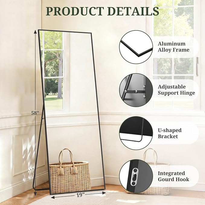Mirror Full Length 58"x19", Rectangle Full Body Floor Mirrors with Stand | Shatterproof Glass, Aluminum Alloy Frame, Free Standing, Wall Mounted or Leaning for Bedroom Living Room Entryway