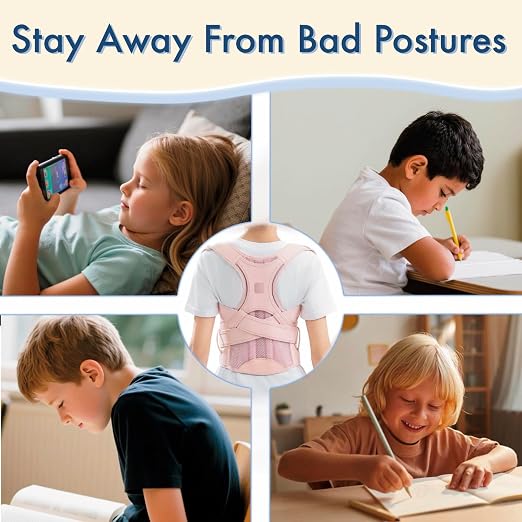 Back Brace Posture Corrector for Kids Teenagers Women, Adjustable Upper Back Straightener Lumbar Support Belt for Student Boys Girls Hunchback Scoliosis Pain Relief Spine Corrector (Pink, Small)