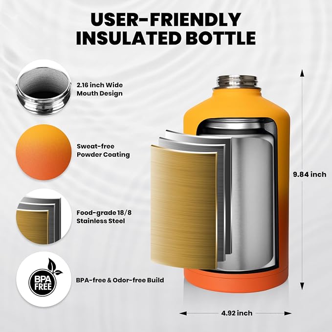 RAYMYLO Insulated Water Bottle 64 oz, Triple Wall Vacuum Stainless Steel (Cold for 48 Hrs), Leak Proof & Non-BPA, Half Gallon Water Flask Jug with Paracord Handle & Straw Spout Lids, Ombre Orange | (Cold for 48 Hrs), Leak Proof & Non-BPA, Half Gallon W...
