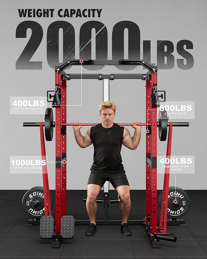RH01 Power Cage Rack, 2000LBS Squat Rack with with Cable Crossover System&LAT Pull Down System, Multi-Function Workout Cage for Home&Garage Gym