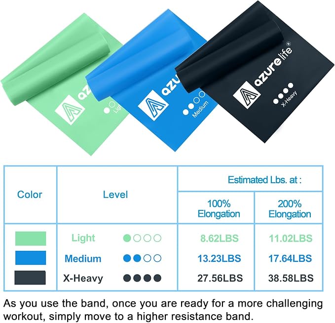 A AZURELIFE Resistance Bands,Professional Long Non-Latex Elastic Stretch Bands,Exercise Bands for Physical Therapy, Yoga, Pilates, Rehab, at-Home or The Gym Workouts, Strength Training