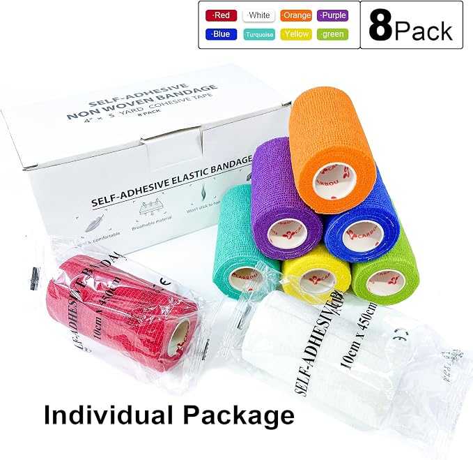 [8 Pack-4" x5Yards] Assorted Color- Self Adhesive Bandages Wrap, Athletic Elastic Cohesive Bandage for Vet Wrap, Sports Injury, Strain, Knee&Wrist, Ankle Sprains. First Aid Non-Woven Bandages
