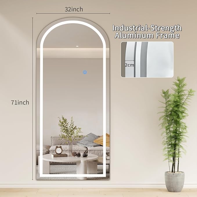 Koonmi LED Full Length Mirror, 71"x32" Full Length Mirror with Lights, Lighted Floor Mirrors with Stand, Full Body Mirrors with Dimming & 3 Color Lightingfor Living Room Cloakroom, White
