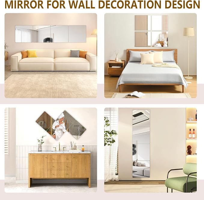 Stick on Small Mirror for Wall Decor, Plastic Non Glass Sticky Kids Safety Toddler Mirrors, 4 Pack 14”x12” Acrylic Mirror Tiles, Shatterproof Mirrors Sheet for Bedroom Closet，Gym Body Mirror's