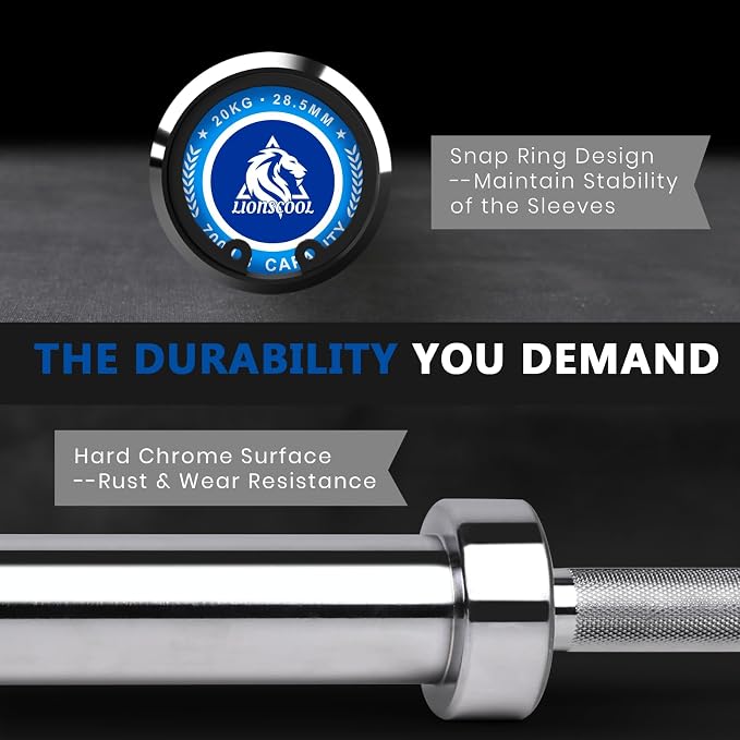 LIONSCOOL 7FT Olympic Barbell 2” Bar for Strength Training Weightlifting | 700/1000/1500lbs Weight Capacity, 2-Inch 40/45lbs Black, Silver, Red, Chrome Power Lifting, Squat, Deadlift, Presses, Row Bar