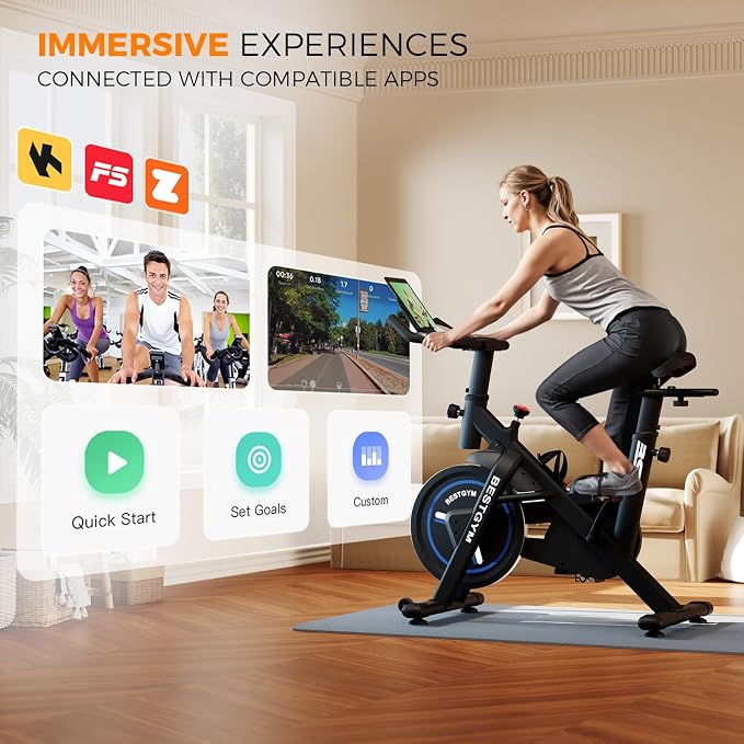 Exercise Bike, Brake Pad/Magnetic Stationary Bike with App, Low Noise Indoor Cycling Bike with 330lbs Weight Capacity, Adjustable Seat, Tablet Holder, Water Bottle Holder for Home Fitness and Weight Loss