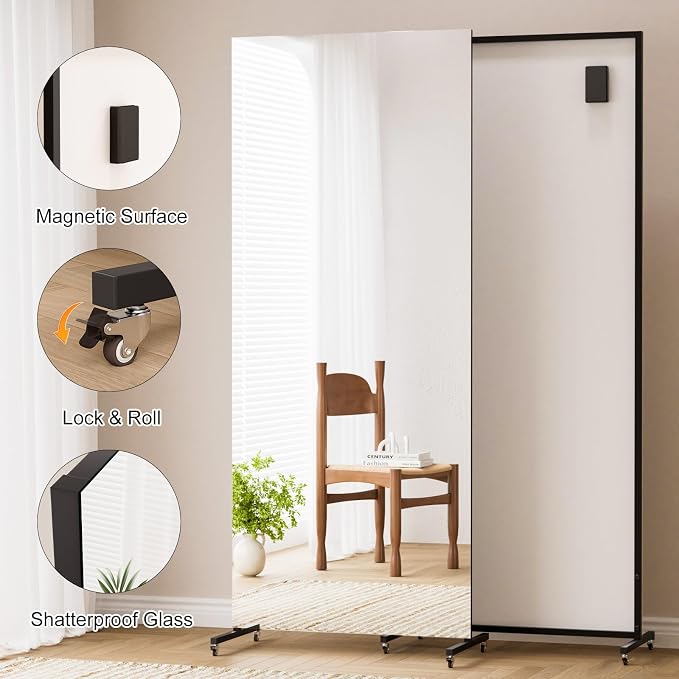 68"x24" Rolling Full Length Mirror & Magnetic Whiteboard, 2-in-1 Reversible Standing Mirror with Shatterproof Tempered Glass, Space-Saving Dry Erase Board on Wheels for Home Office & Bedroom