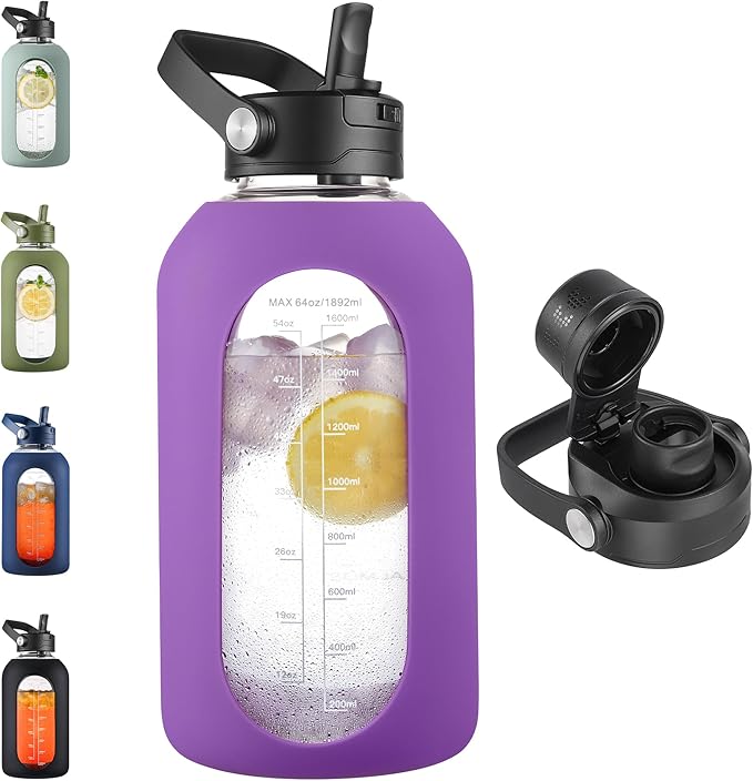 CIVAGO 64 oz Glass Water Bottle Jug with Detachable Straw and Time Maker | Half Gallon Motivational Large Flask Cup with Handle, Leakproof Lids, Wide Mouth, Silicone Sleeve, Tumbler for Juice, Lilac